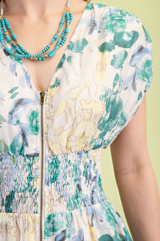 Floral Midi Dress with Front Zipper