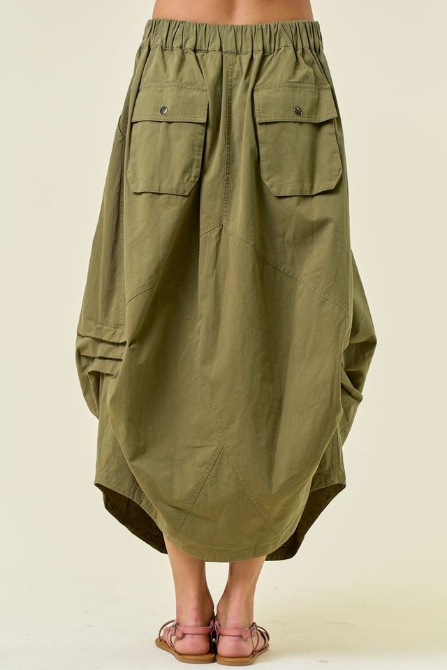 Camo Green Side Tuck Midi Skirt