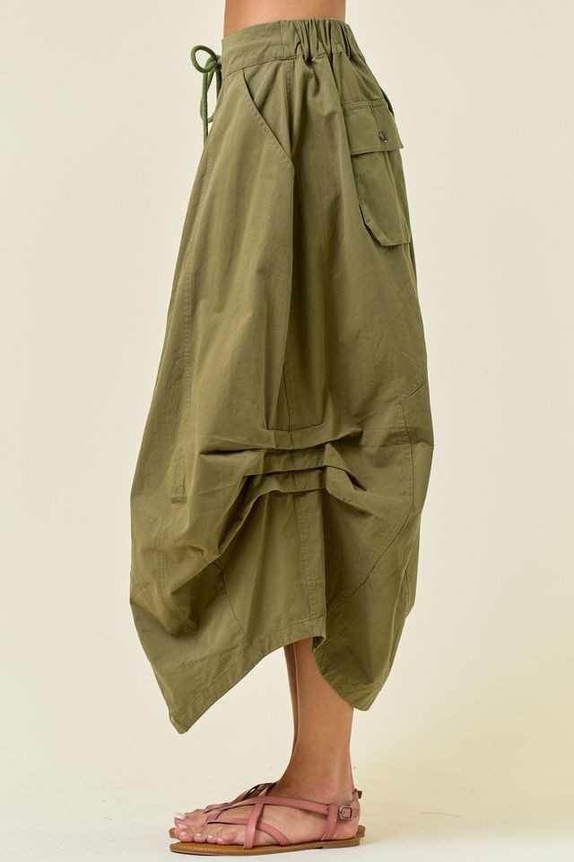 Camo Green Side Tuck Midi Skirt
