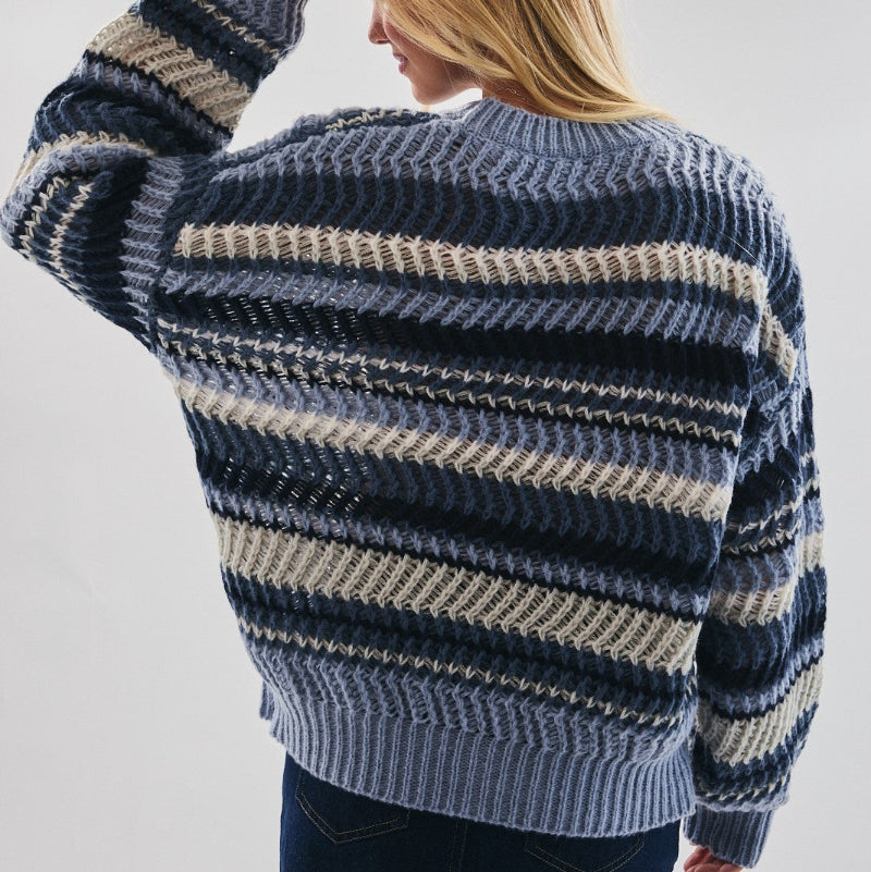 Multi-Blue Striped Long Sleeve Sweater