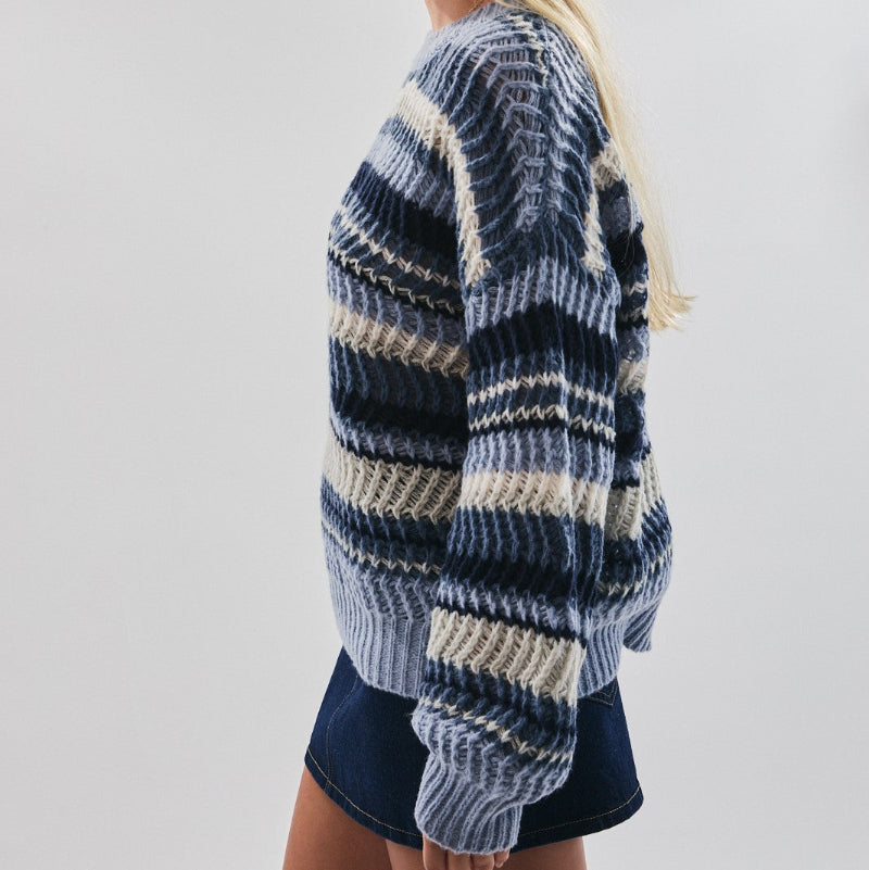 Multi-Blue Striped Long Sleeve Sweater