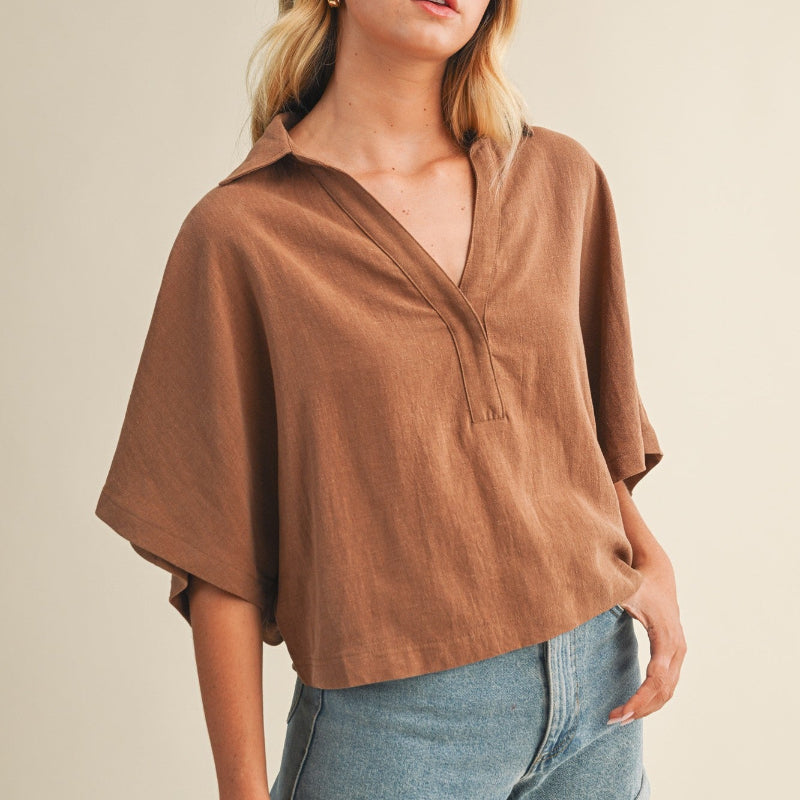 Rattan Oversized Popover Open Collar Top
