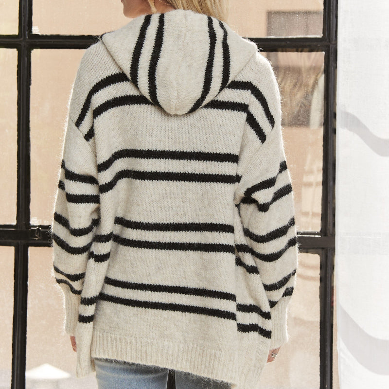 Striped Button Front Hoodie Sweater