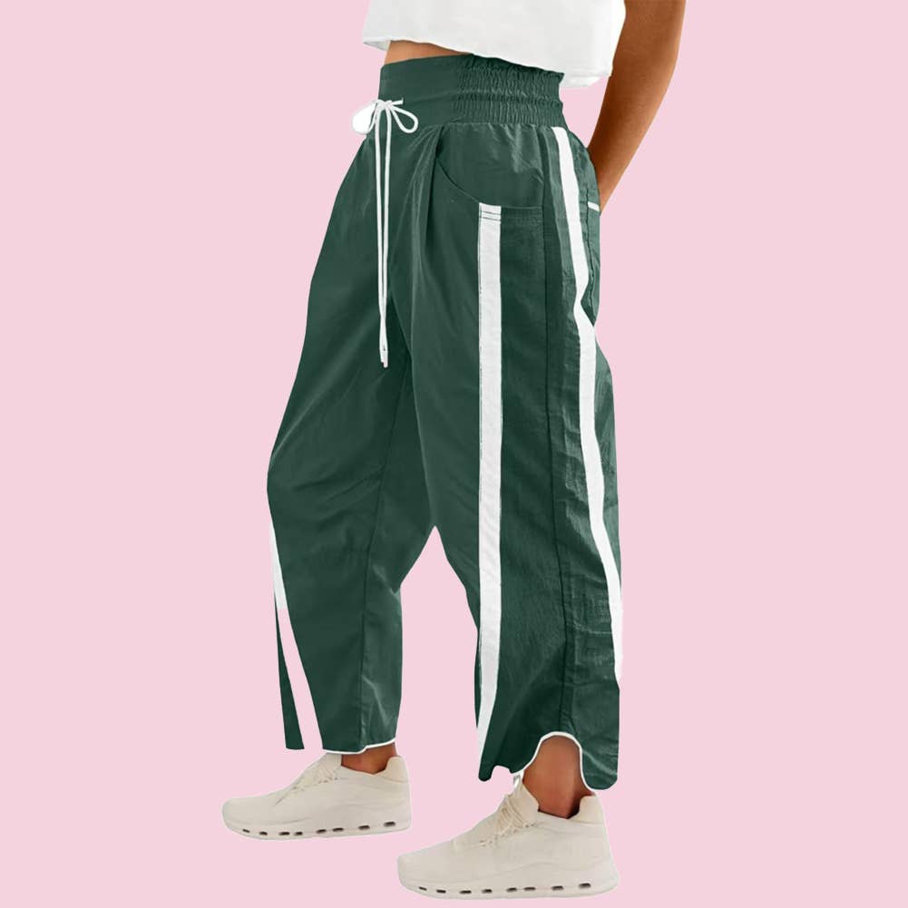 Green Retro Contrast Side Stripe Wide Leg Track Pants