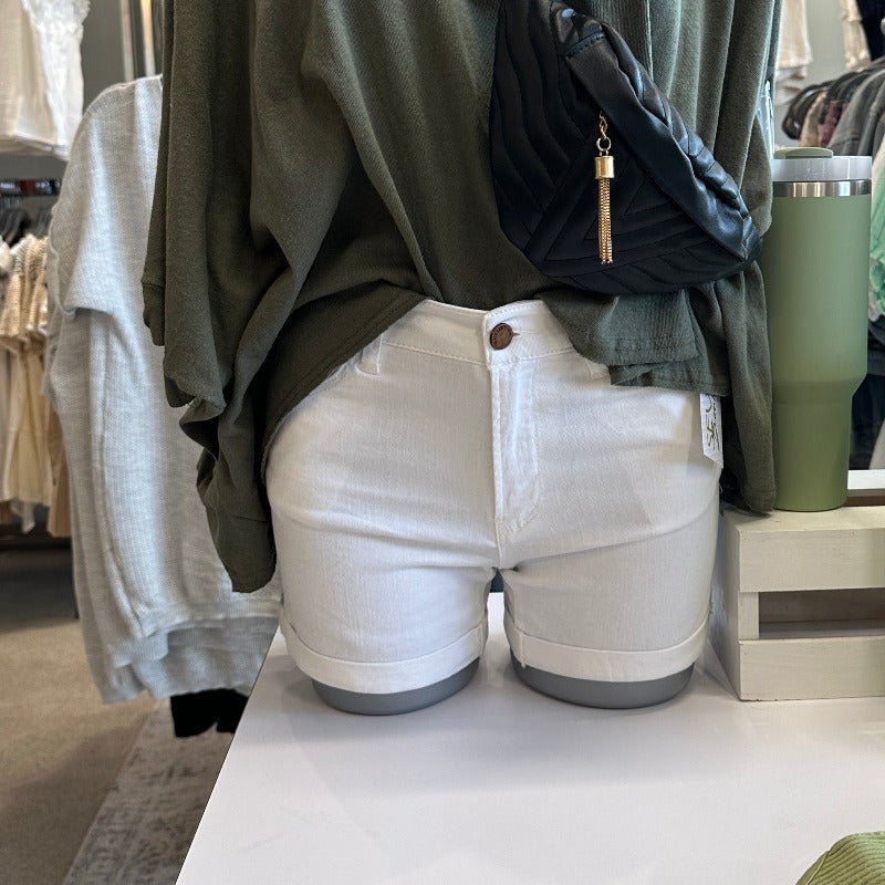 Mid-Rise White Cuffed Denim Shorts