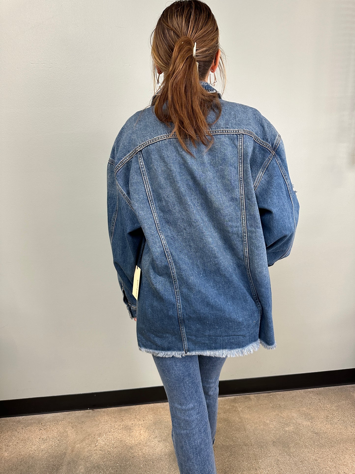 Long Line Destructed Denim Jacket