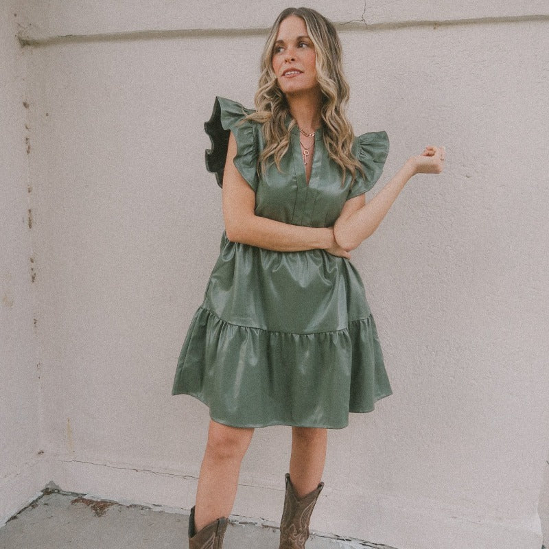 Pleather Ruffle Sleeve Dress