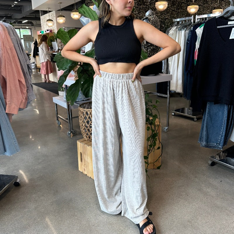 Grey Stripe Knit Wide-Leg Plant