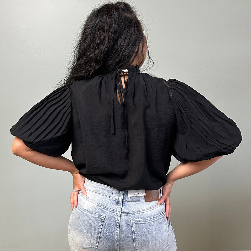 High Neck Pleated Bubble Sleeve Top