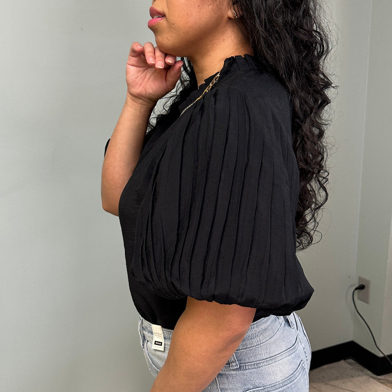 High Neck Pleated Bubble Sleeve Top