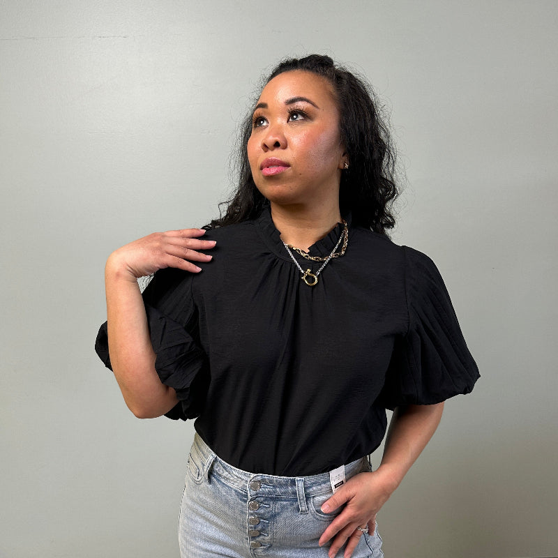 High Neck Pleated Bubble Sleeve Top