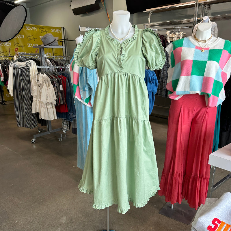 Sage Ruffle Trim Tiered Dress
