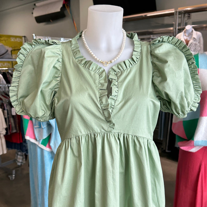 Sage Ruffle Trim Tiered Dress