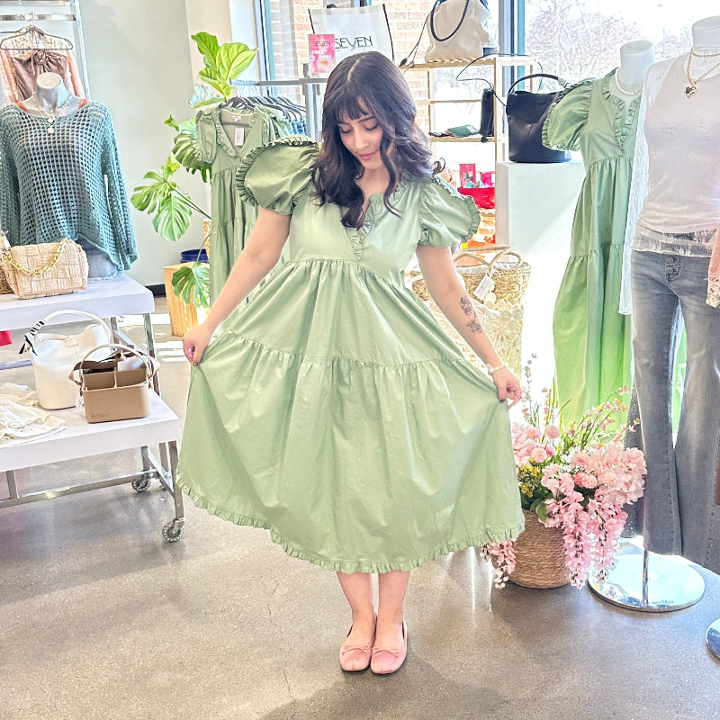 Sage Ruffle Trim Tiered Dress