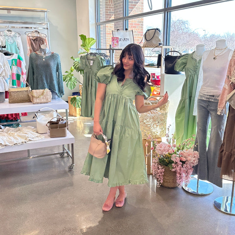 Sage Ruffle Trim Tiered Dress
