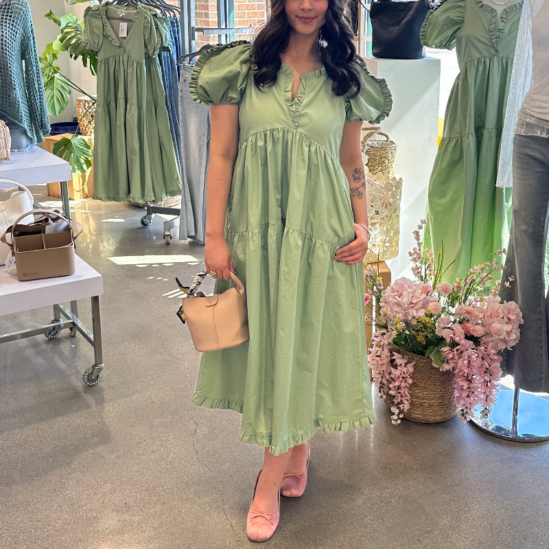 Sage Ruffle Trim Tiered Dress