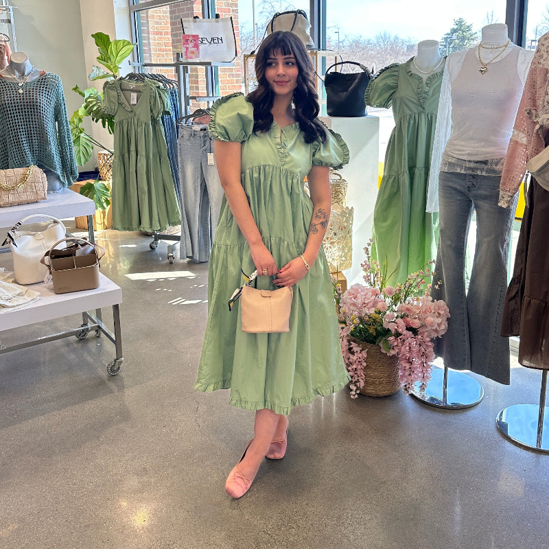 Sage Ruffle Trim Tiered Dress