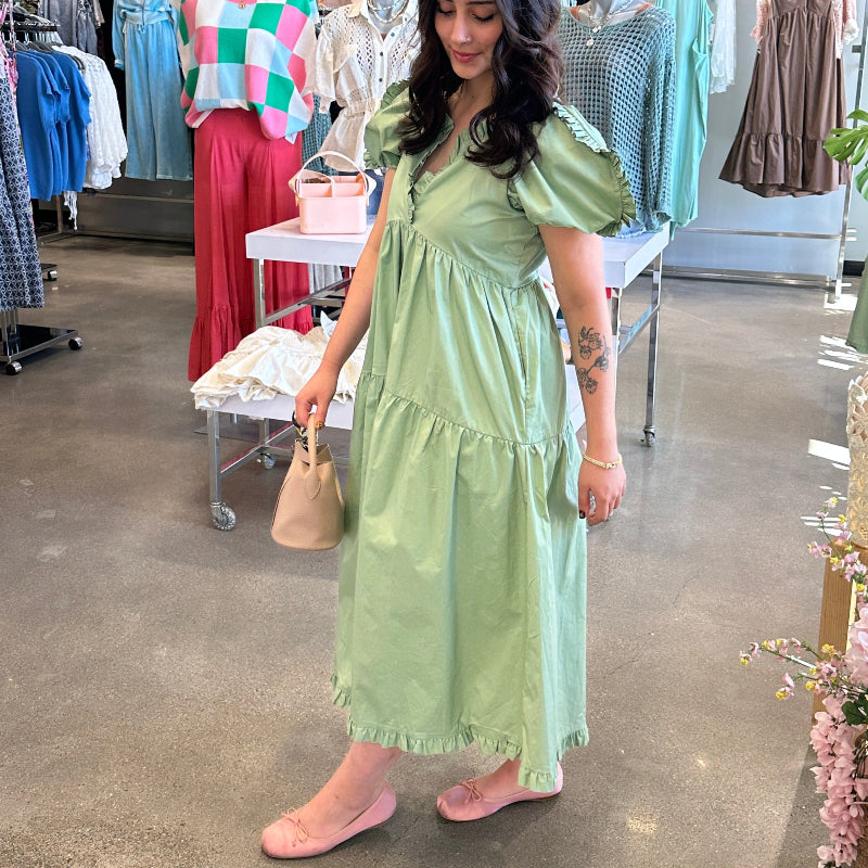 Sage Ruffle Trim Tiered Dress