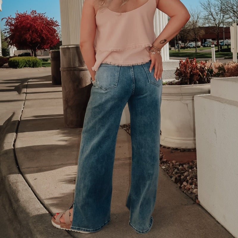 High Rise Wide Leg Jeans With Side Slit