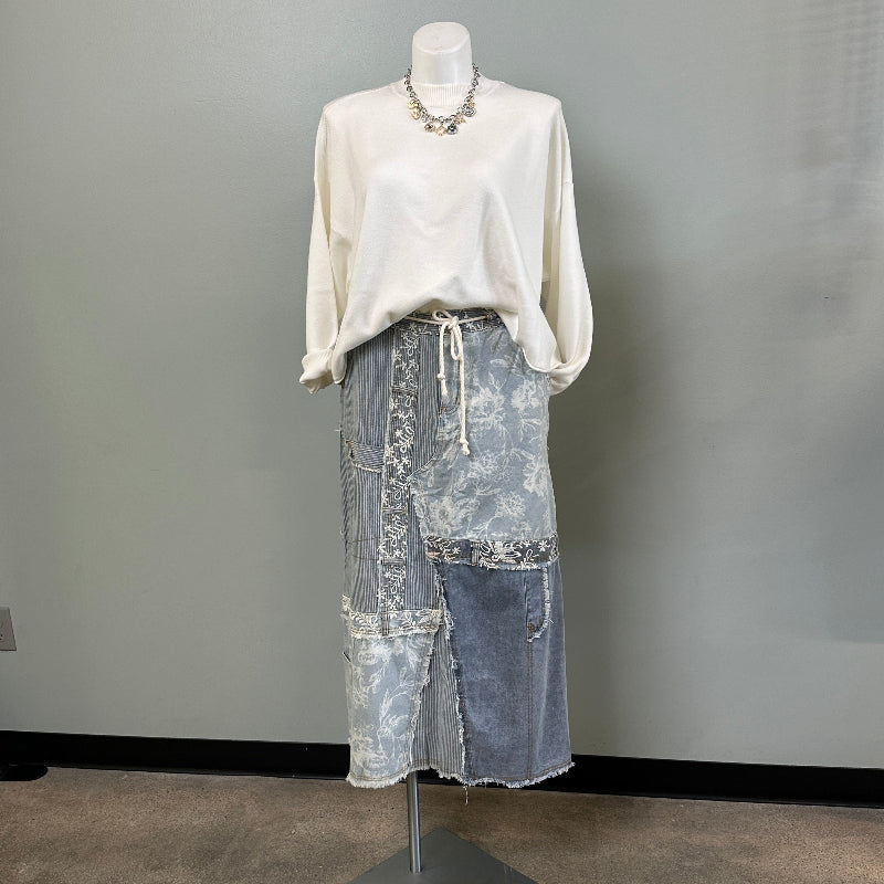 Denim Mixed-Material Skirt