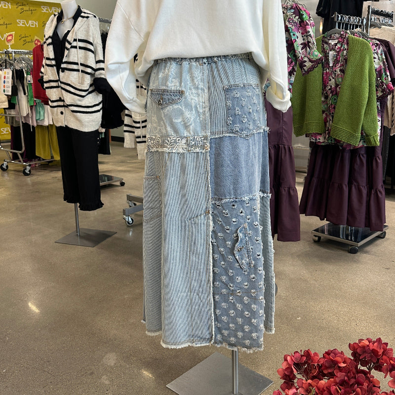Denim Mixed-Material Skirt