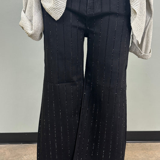 RISEN High Rise Crop Wide Leg Rhinestone Pants