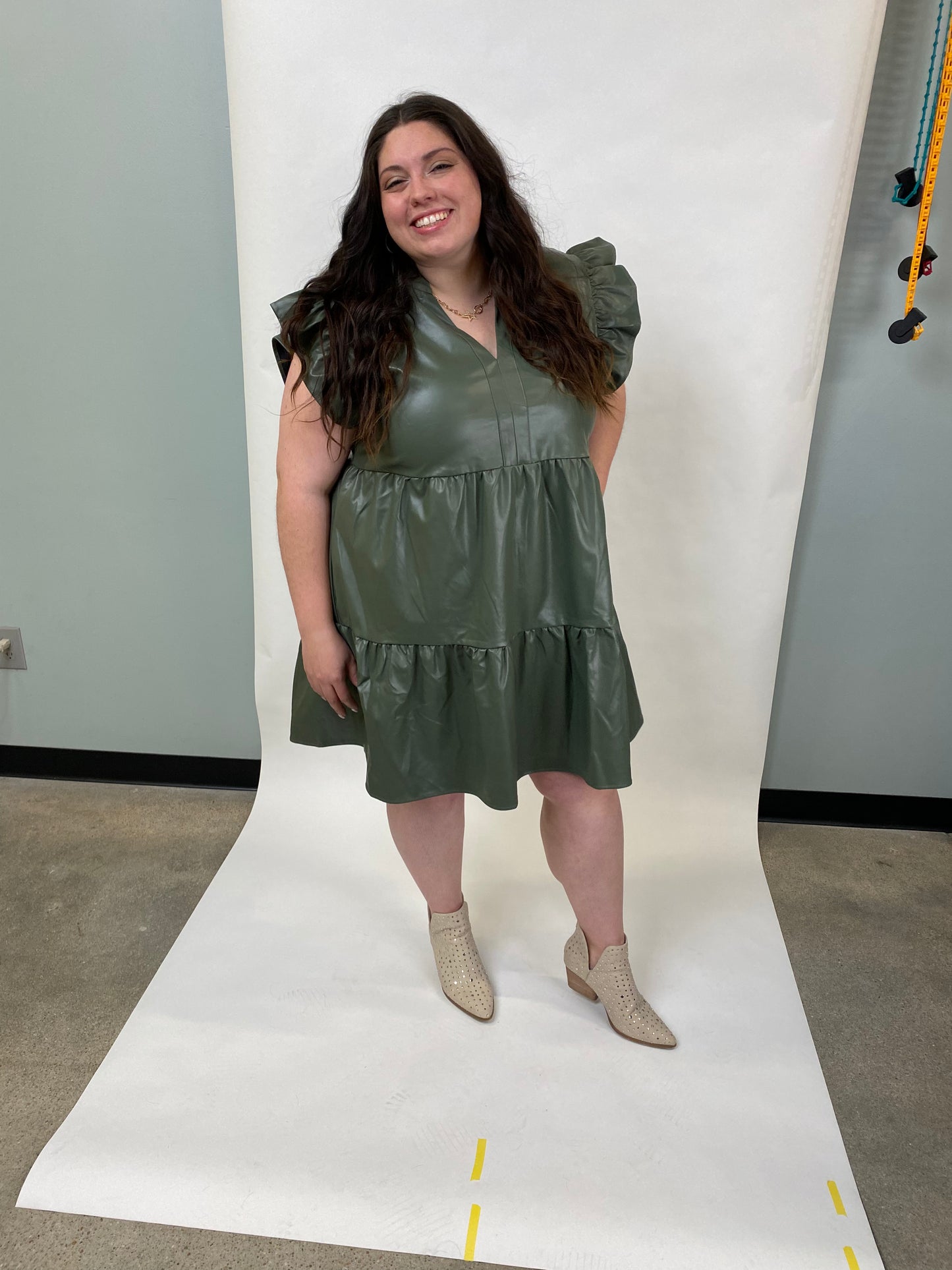 Pleather Ruffle Sleeve Dress