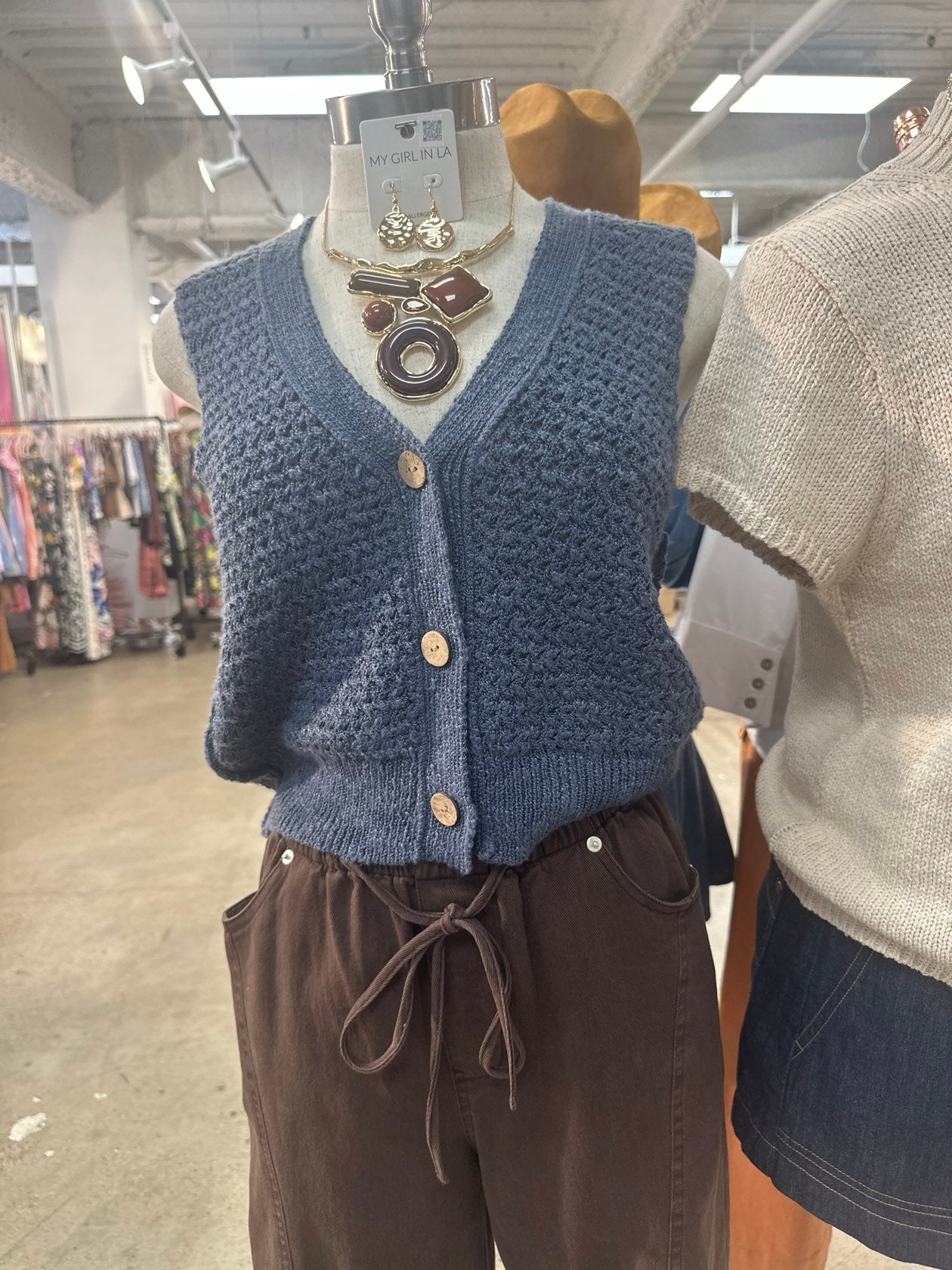 Indigo Button Down V-Neck Sweater Vest