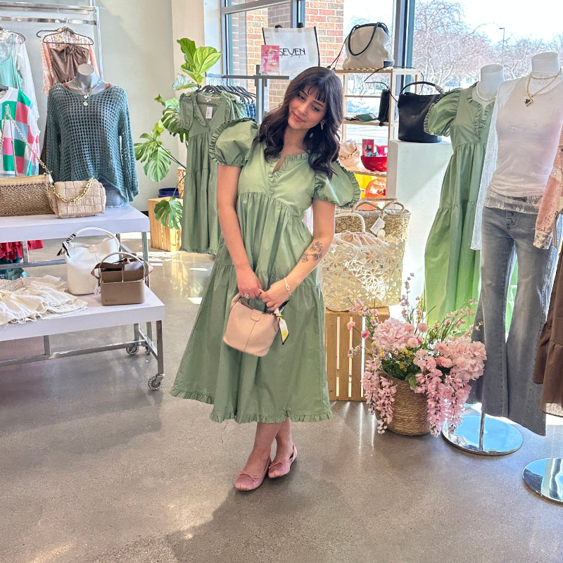 Sage Ruffle Trim Tiered Dress