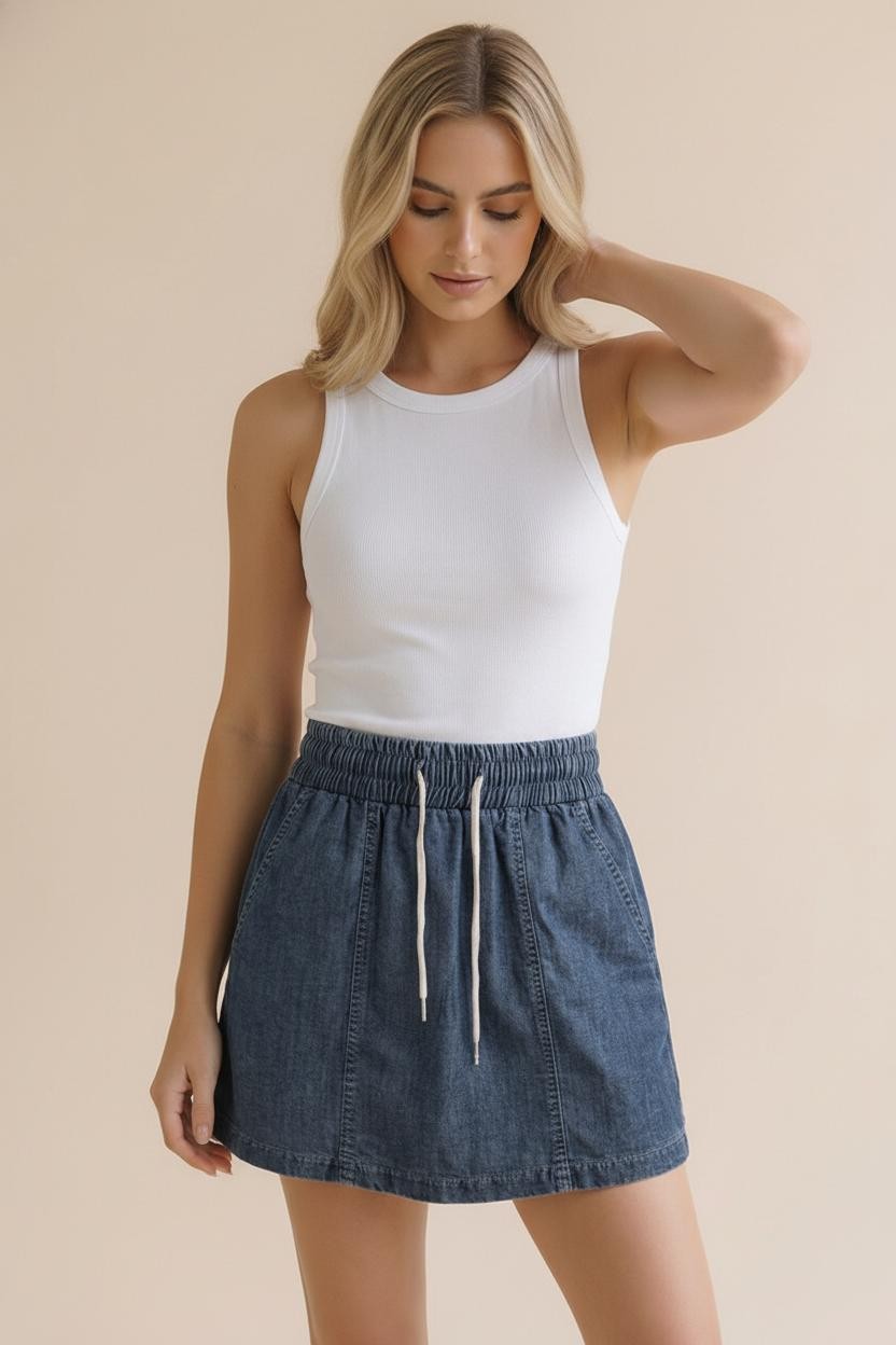 Washed Chambray Skort with Elastic Waist