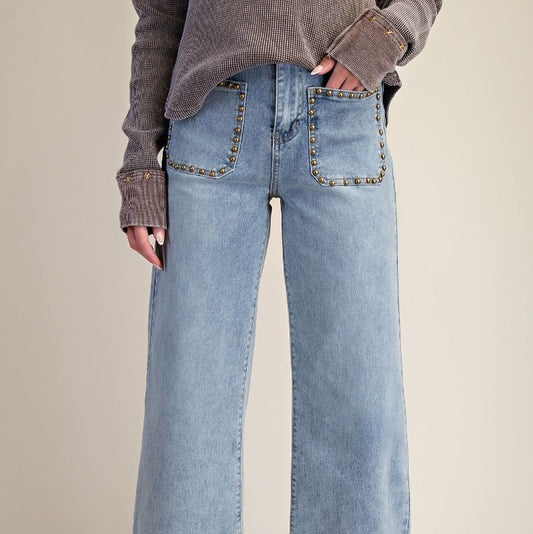 Stud Detail Washed Denim Jeans