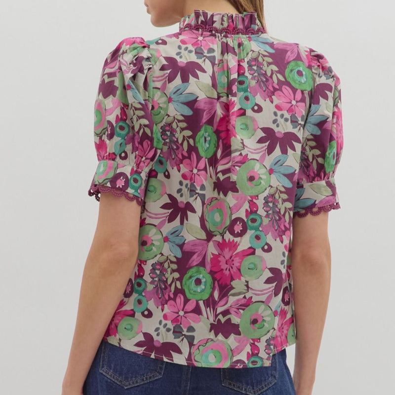 Plum Multi-Floral Short Sleeved Top