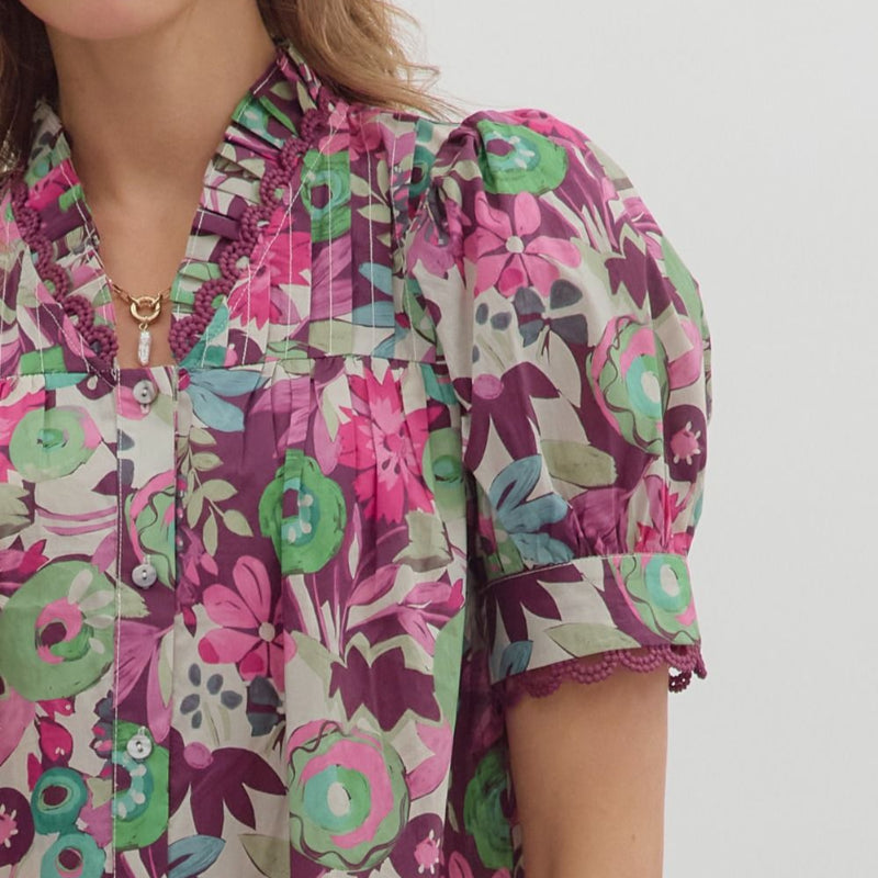 Plum Multi-Floral Short Sleeved Top