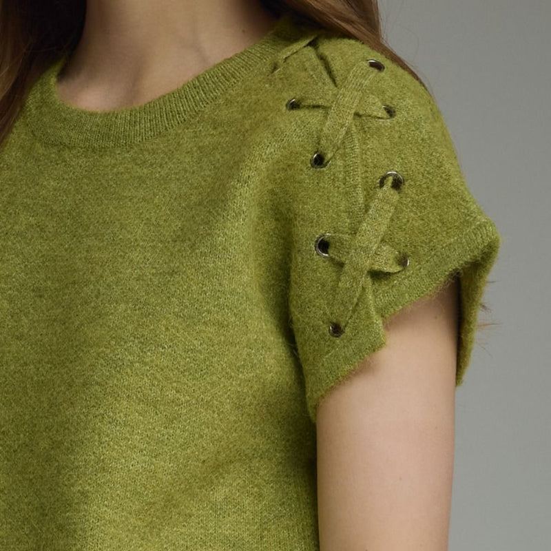 Martini Olive Short Sleeve Lace-Up Shoulder Sweater