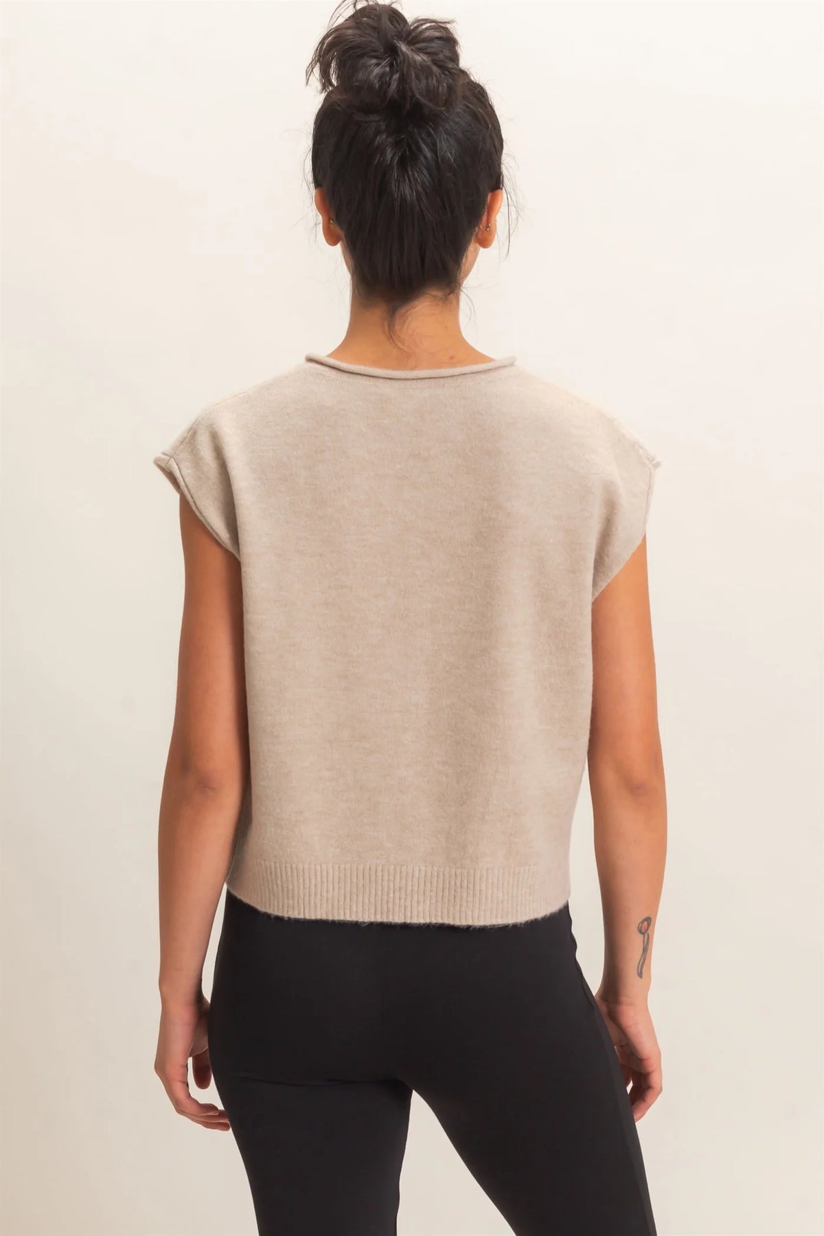 Taupe Rolled Edge Button Front Sweater Vest
