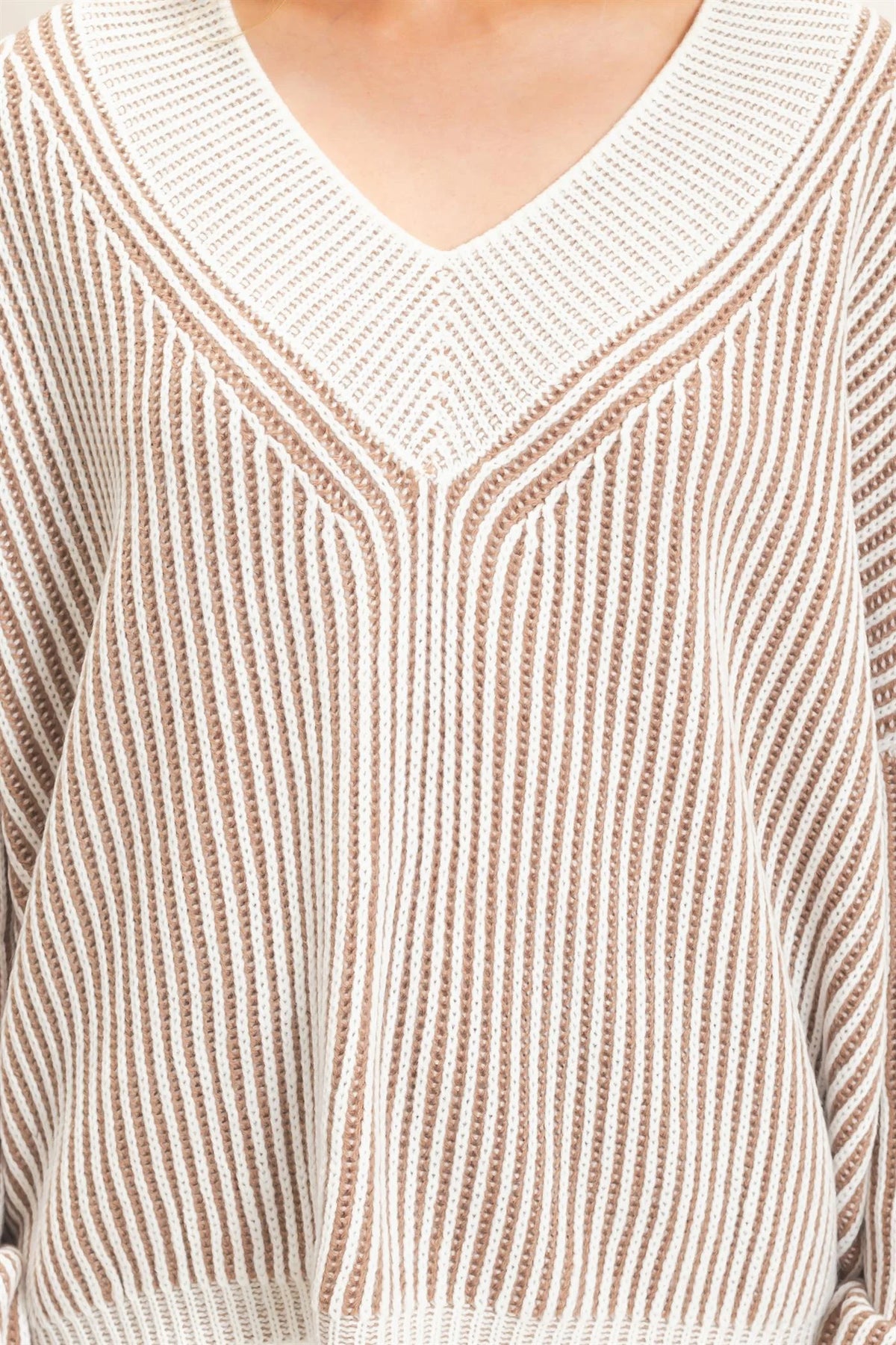 Taupe Striped V-Neck Ribbed Sweater