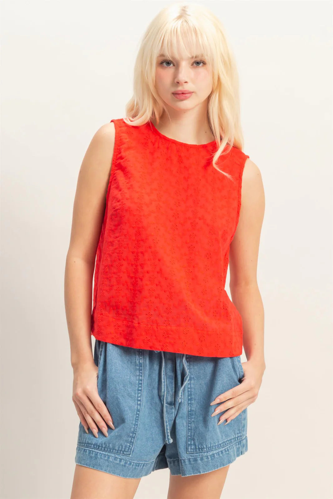 Red Eyelet Sleeveless Top With Back Buttons