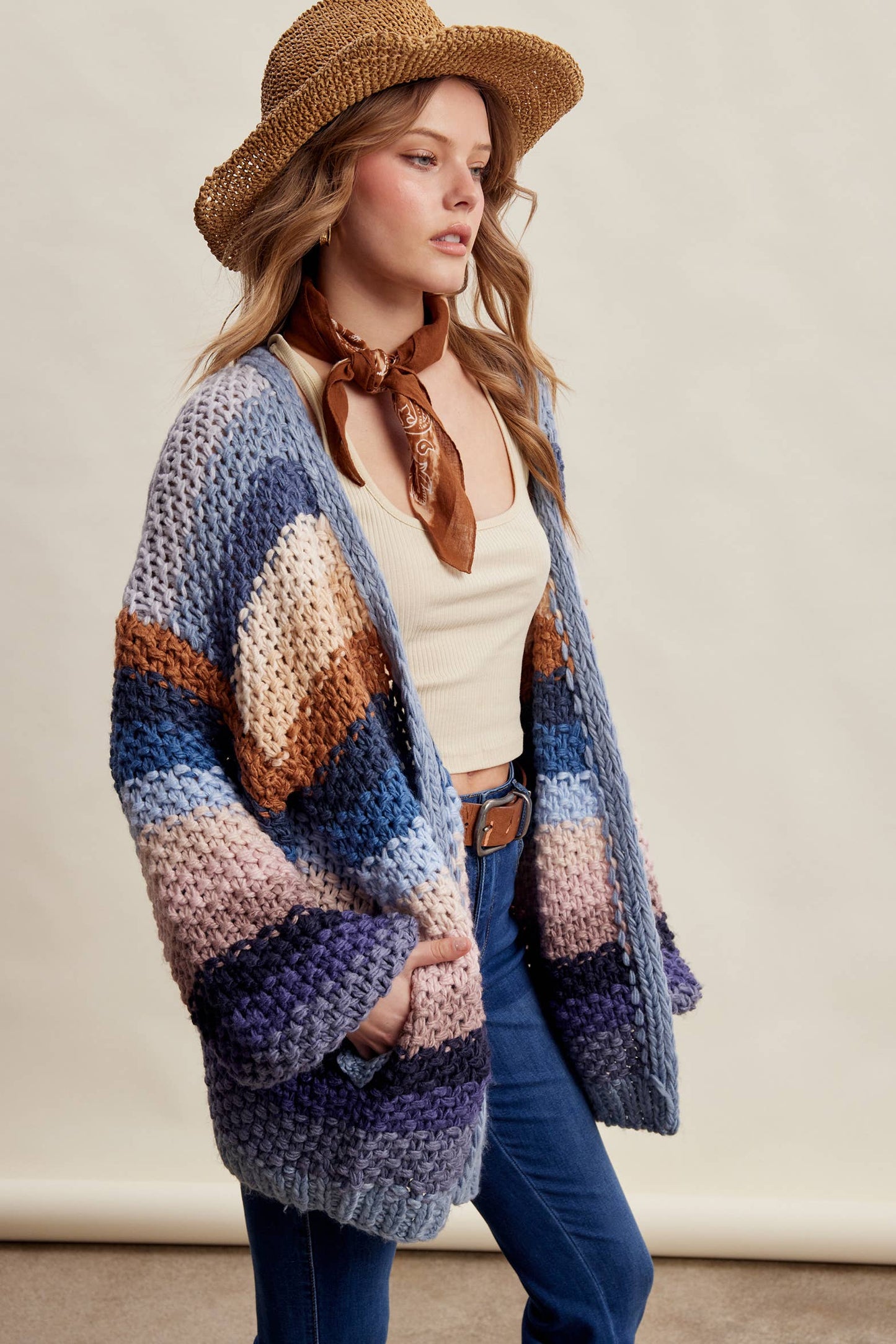 Muted Rainbow Hand-Crochet Open Cardigan