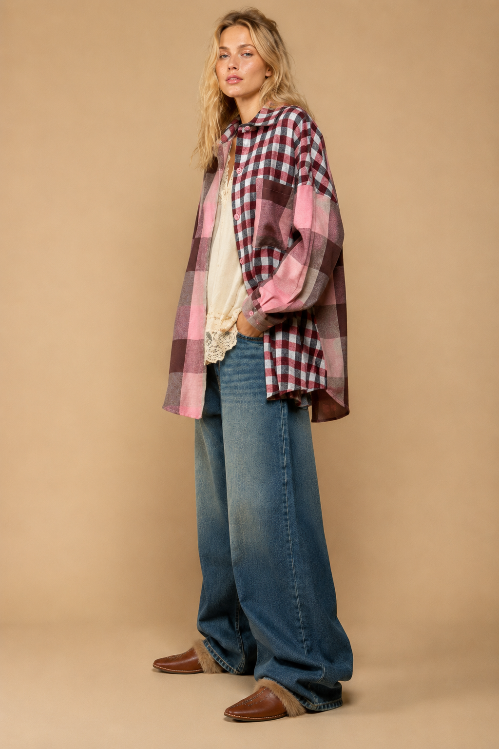 Mixed-Check Patchwork Flannel Shacket