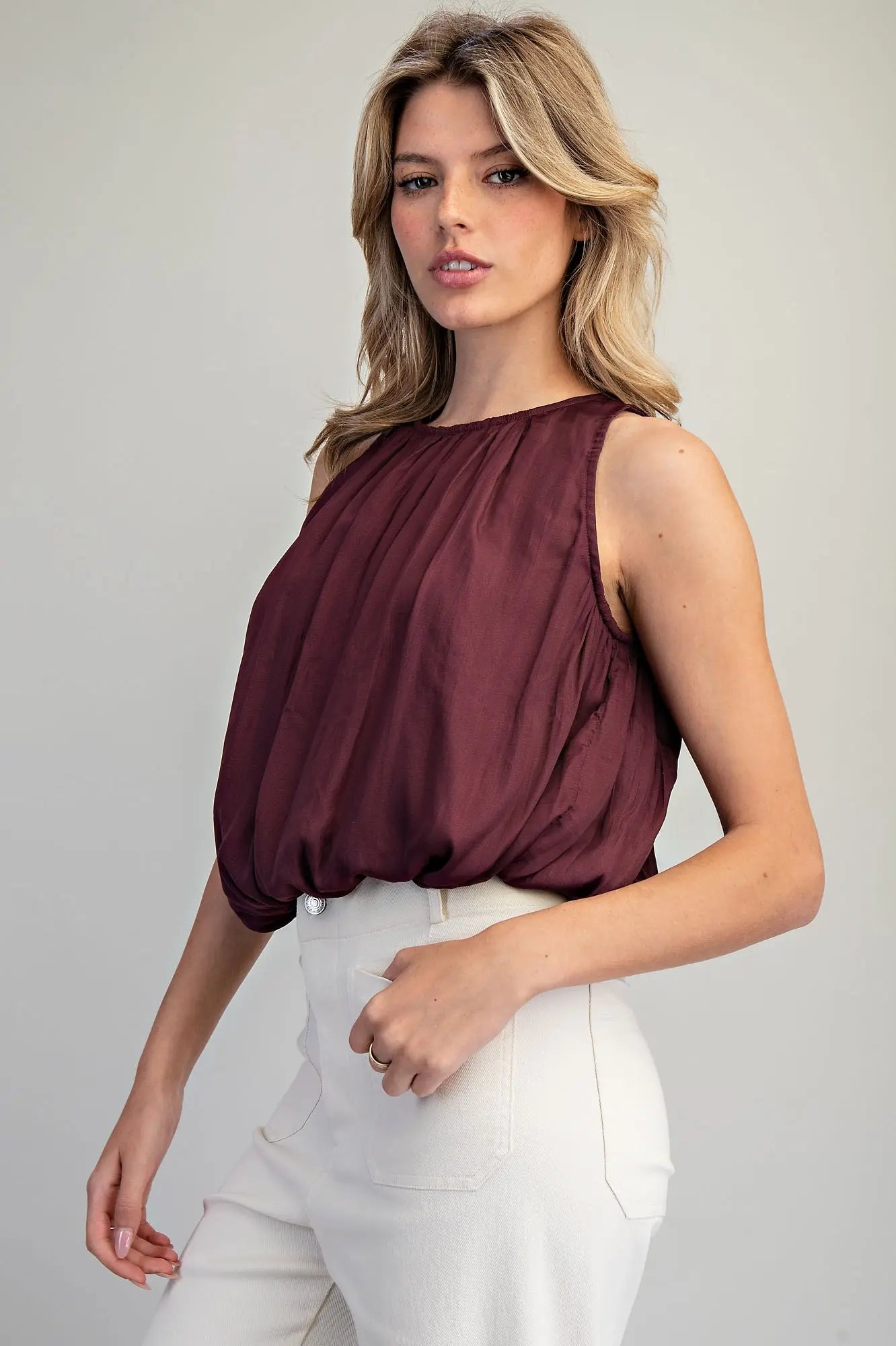 Fig Sleeveless Gathered Hem Top