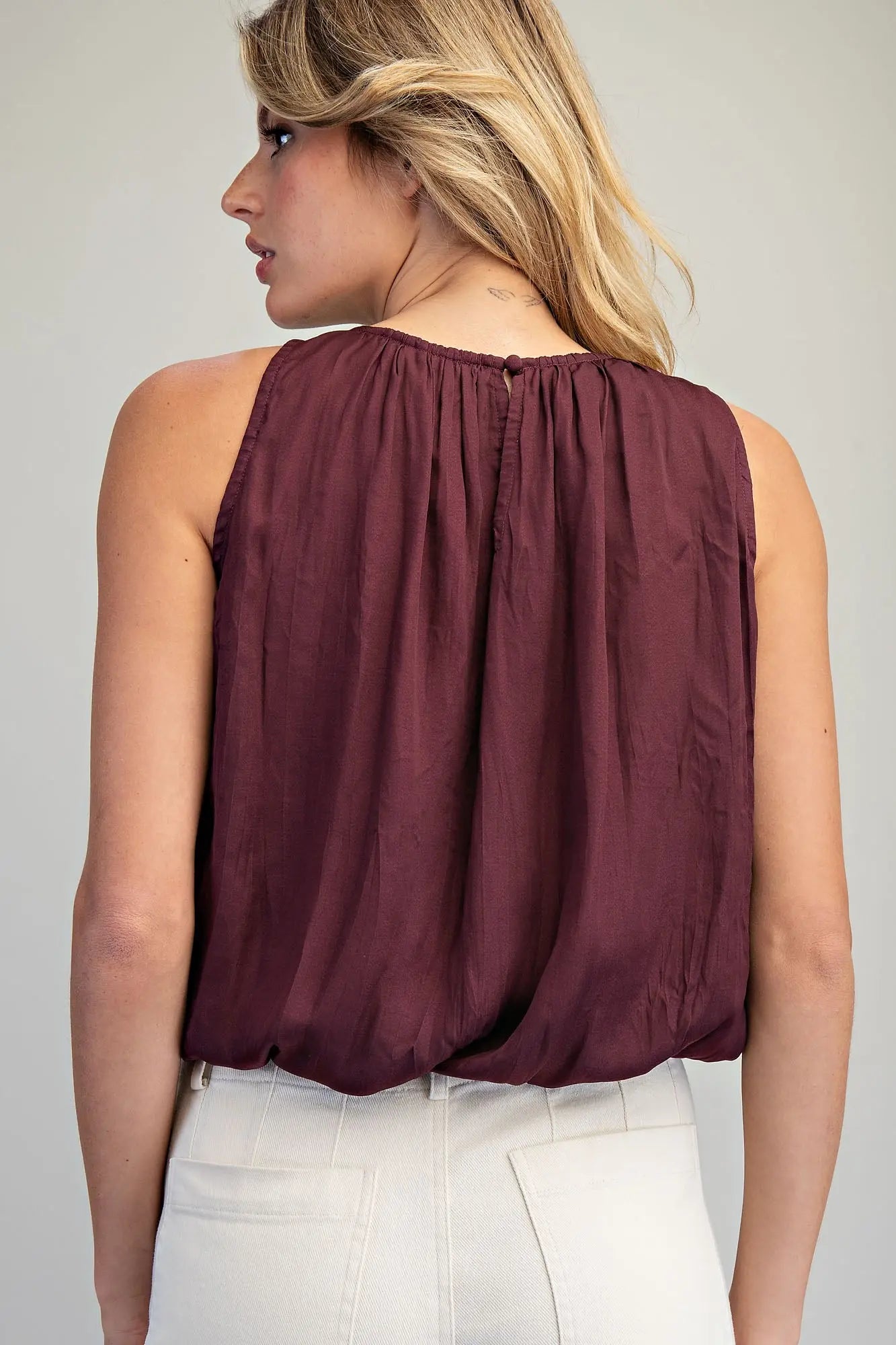 Fig Sleeveless Gathered Hem Top