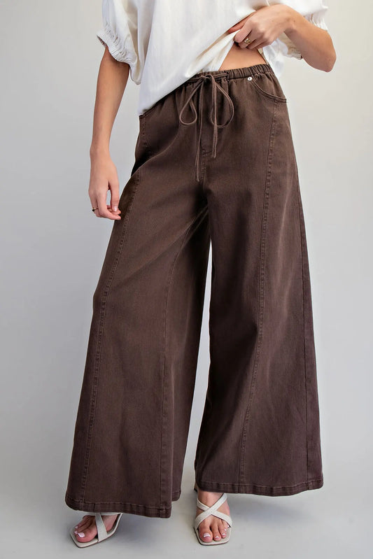 Brown Mineral Washed Waist Tie Wide Leg Pants