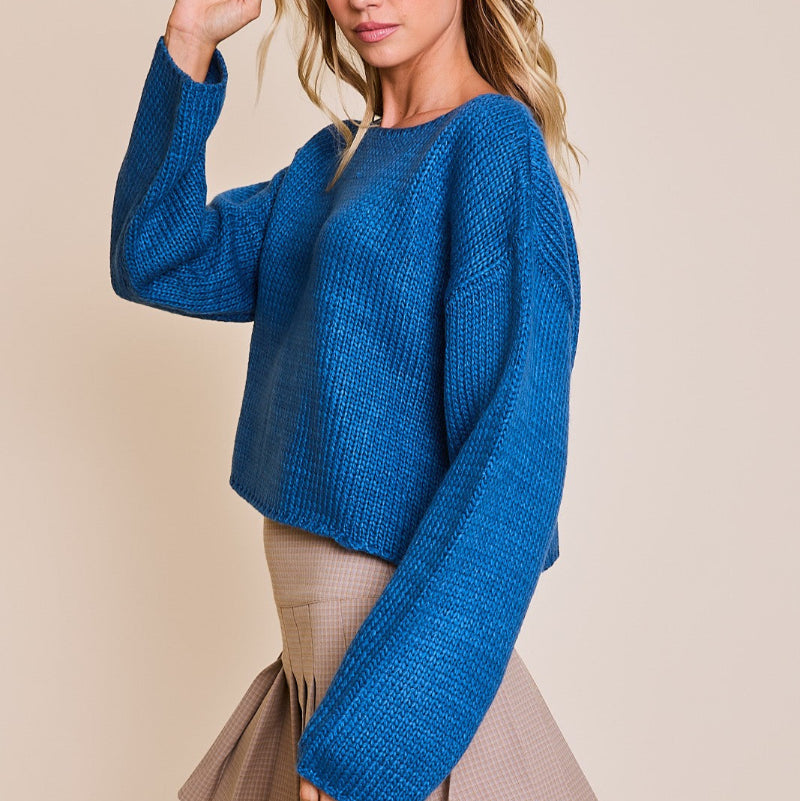 Teal Blue Boatneck Boxy Cropped Sweater