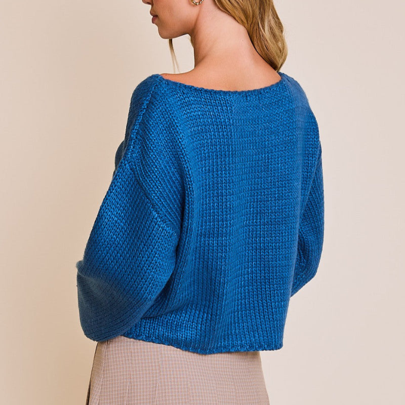 Teal Blue Boatneck Boxy Cropped Sweater