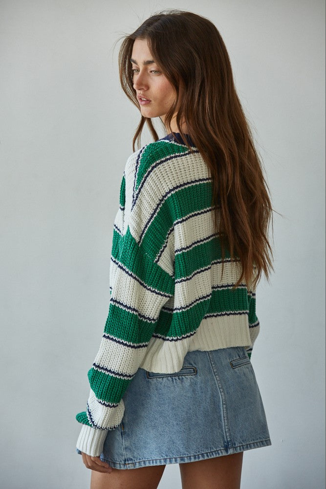 Green and Navy Striped Knit Pullover