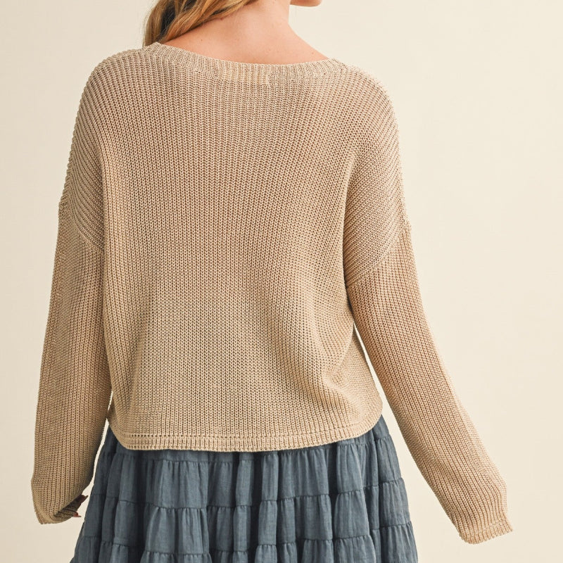 Taupe Front Pocket Purl Knit Sweater