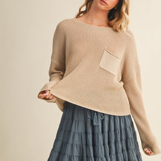 Taupe Front Pocket Purl Knit Sweater