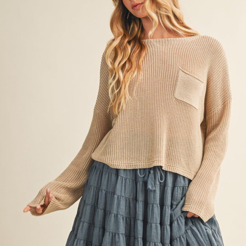 Taupe Front Pocket Purl Knit Sweater