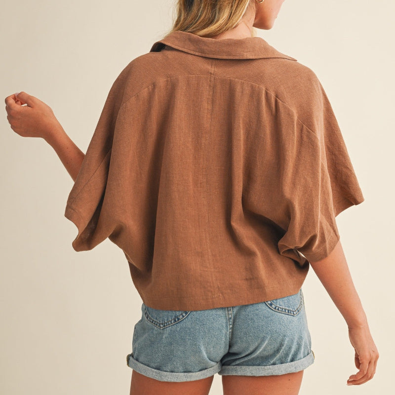 Rattan Oversized Popover Open Collar Top