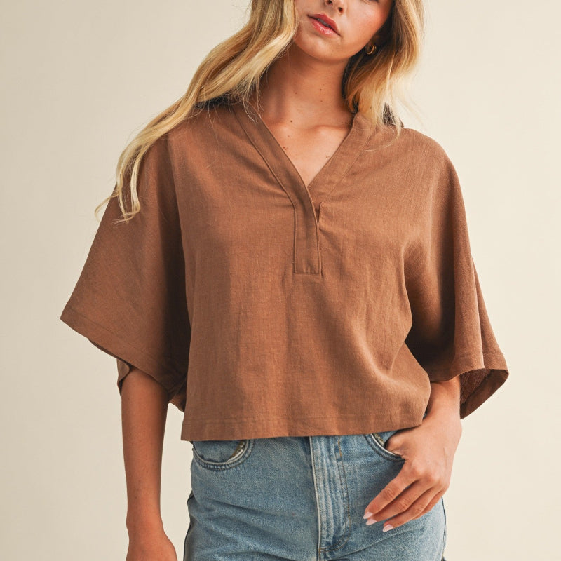 Rattan Oversized Popover Open Collar Top